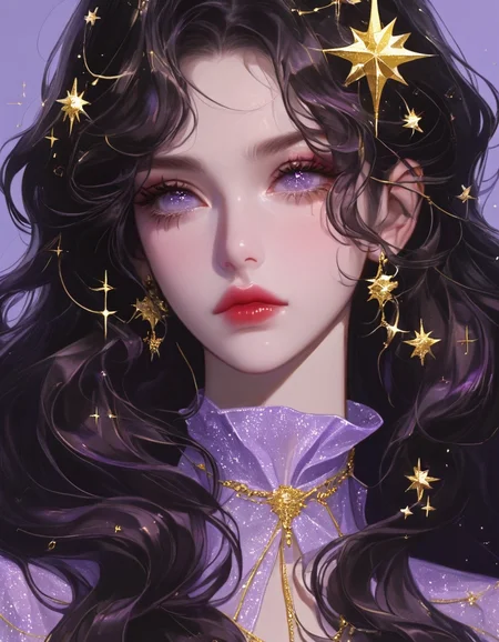 fantastical, ethereal aesthetic,1girl with wavy dark hair, golden stars and sparkles in her hair, wearing a sheer gold and purple dress, thoughtful expression
 <lora:fea_xl_v2:1>