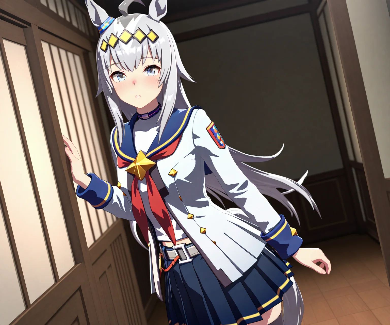masterpiece, best quality, amazing quality, , 1girl, solo, looking at viewer, cowboy shot, <lora:Oguri Cap in game style 3D ILL-v2:1> ummsmingame, 3d, oguri cap \(umamusume\),