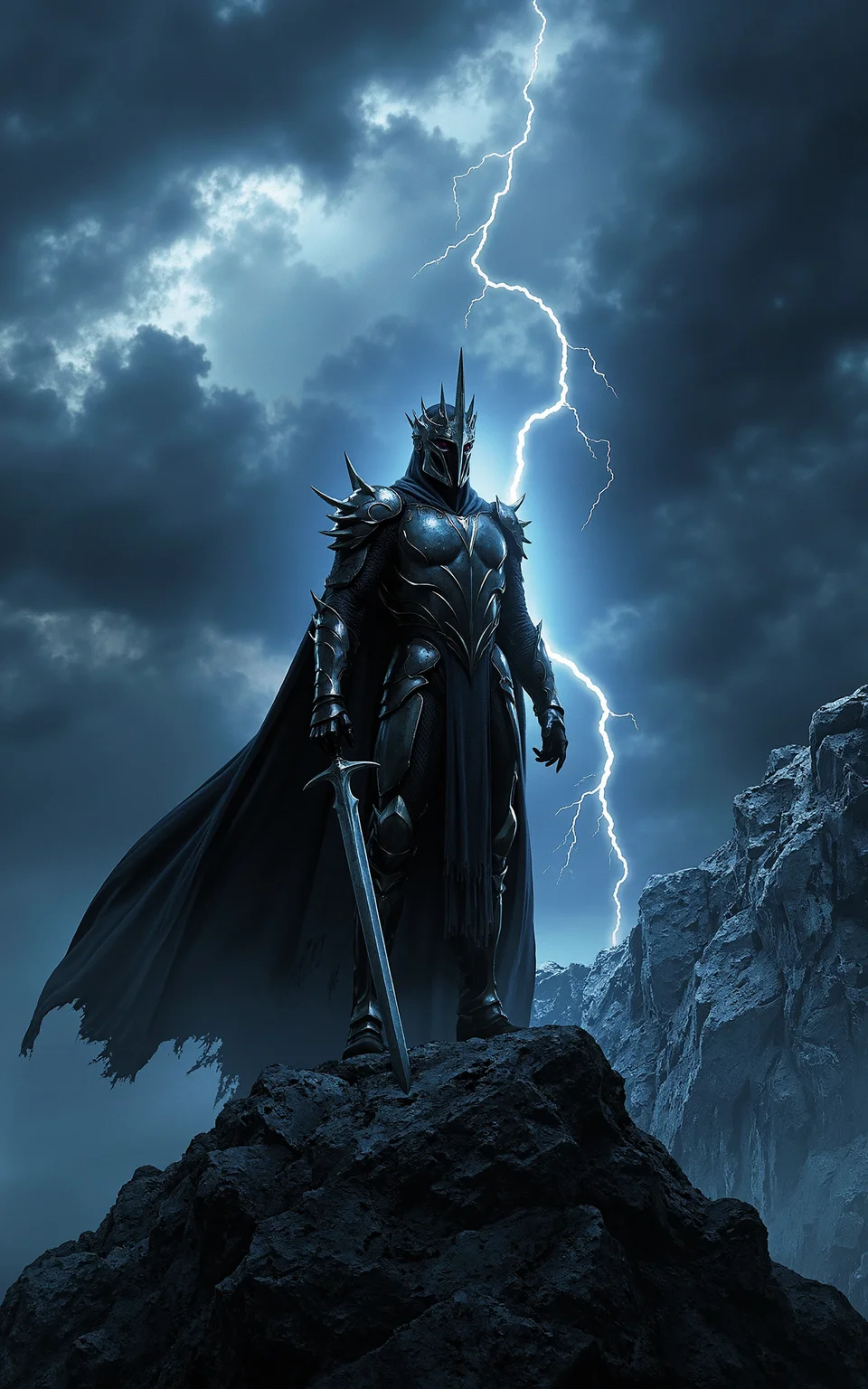 A stormy mountain summit where a fierce warrior stands,holding a sword embedded in the rocky ground. Dark clouds rage above,with arcs of lightning flashing across the sky,casting light over his heavily armored figure. The warriorâs expression is stern,and magical energy crackles around him,hinting at an unseen power. The composition is dramatic,blending epic fantasy with a magical atmosphere.,
<lora:klordoftherings-01:0.8>,klordoftherings,