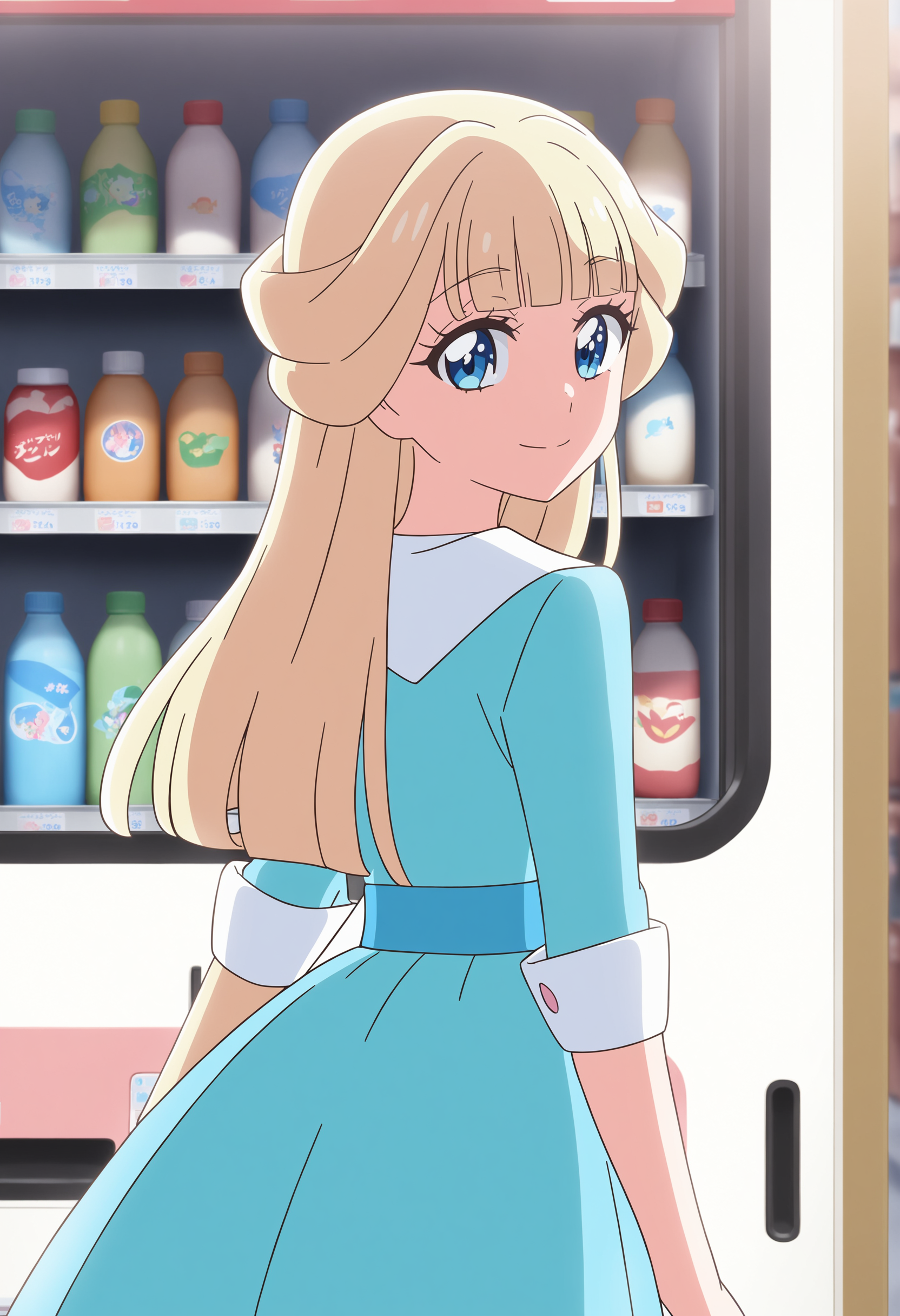 1girl, nekoyashiki yuki, wonderful precure!,solo, <lora:yuki_XL_v1:0.8>
long hair, blonde hair, blue eyes,
from behind, cowboy shot, looking to the side, light smile, by vending machine, closed mouth,
best quality, very aesthetic, absurdres