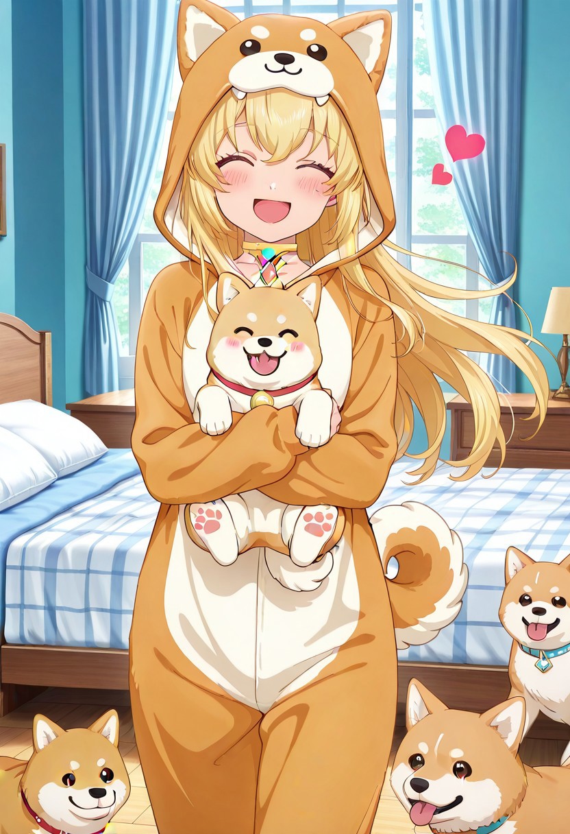 masterpiece, best quality, perfect anatomy, beautifully detailed, super precise illustration, High Details, anime screencap, anime style, vivid color, extremely detailed cg, amazing quality, very aesthetic, absurdres, newest,
hatching, 
1girl, solo, colettedef, blonde hair, closed eyes, long hair, hair between eyes, choker, red gemstone, chest jewel, shiba inu onesie, animal costume, open mouth smile, blush, girl_with_cats, dog,  animal,  holding animal, multiple dogs, dogs running, dogs jump, girl surrounded by many dogs, holding, bedroom, heart,