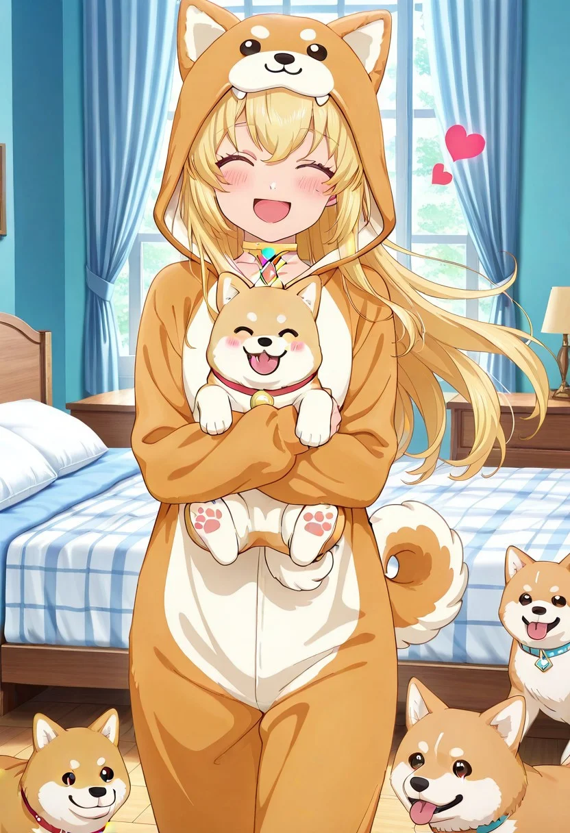 masterpiece, best quality, perfect anatomy, beautifully detailed, super precise illustration, High Details, anime screencap, anime style, vivid color, extremely detailed cg, amazing quality, very aesthetic, absurdres, newest,
hatching,
1girl, solo, colettedef, blonde hair, closed eyes, long hair, hair between eyes, choker, red gemstone, chest jewel, shiba inu onesie, animal costume, open mouth smile, blush, girl_with_cats, dog, animal, holding animal, multiple dogs, dogs running, dogs jump, girl surrounded by many dogs, holding, bedroom, heart,