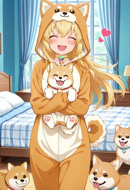 masterpiece, best quality, perfect anatomy, beautifully detailed, super precise illustration, High Details, anime screencap, anime style, vivid color, extremely detailed cg, amazing quality, very aesthetic, absurdres, newest,
hatching,
1girl, solo, colettedef, blonde hair, closed eyes, long hair, hair between eyes, choker, red gemstone, chest jewel, shiba inu onesie, animal costume, open mouth smile, blush, girl_with_cats, dog, animal, holding animal, multiple dogs, dogs running, dogs jump, girl surrounded by many dogs, holding, bedroom, heart,