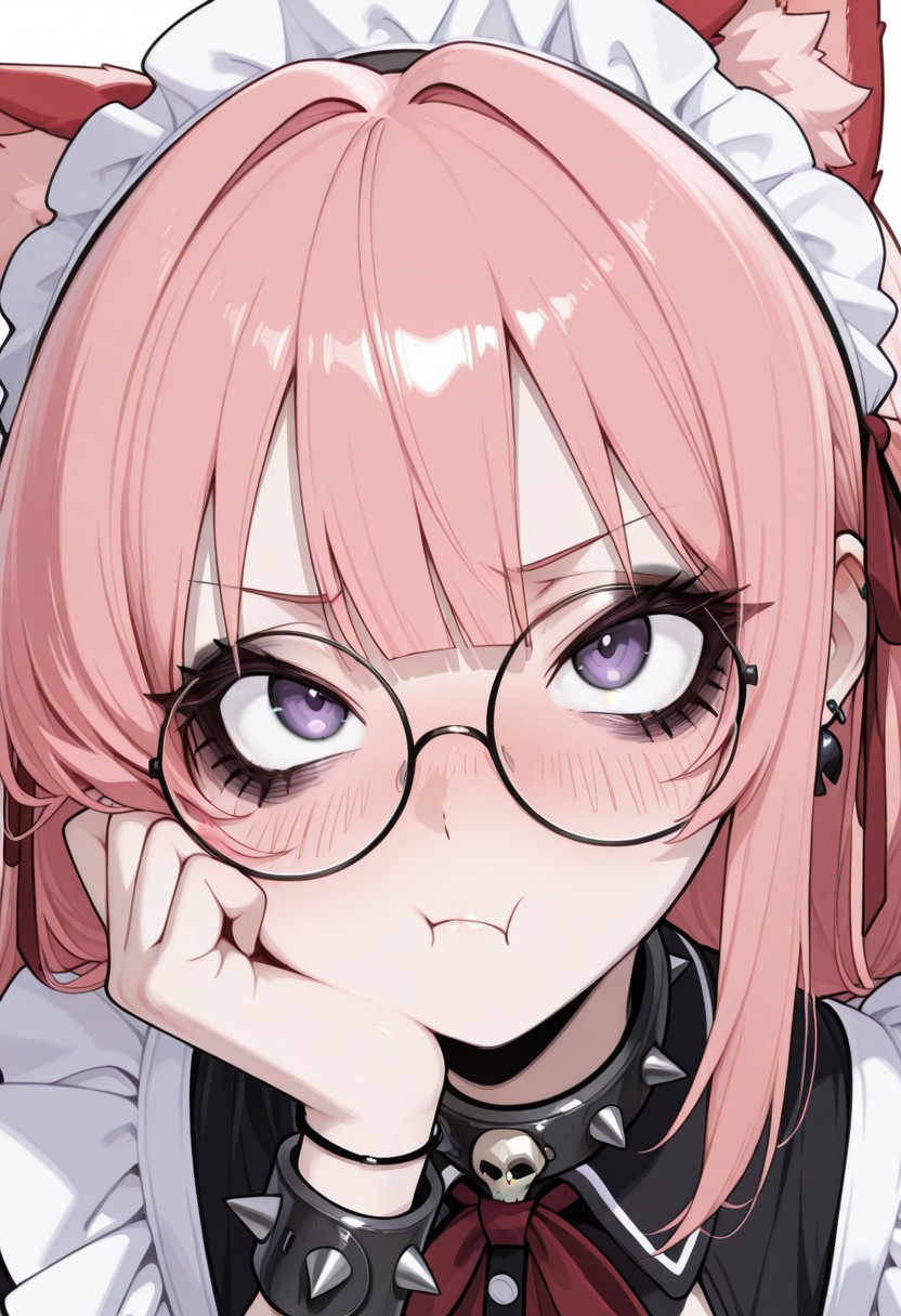 1girl, CivChan, solo, animal ears, animal_ear_fluff, (red fluff:1.3), round eyewear, glasses, blunt bangs, blush, skull cameo accents, pale skin, smoky eyeshadow, black eyeliner, doll-like blush, bracelet, earrings, hair ribbon, red ribbon, long hair, pink hair, purple eyes, punk, spikes, collar
BREAK
(close-up:1.4), pout, :t, looking up at viewer, eyelashes, bags under eyes
BREAK
<lora:GUXLlokr8f:0.32>, masterpiece, best quality, very aesthetic, underlightling, white background, simple background,<lora:cgel-style-richy-v1_ixl:1>