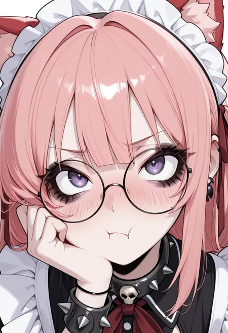 1girl, CivChan, solo, animal ears, animal_ear_fluff, (red fluff:1.3), round eyewear, glasses, blunt bangs, blush, skull cameo accents, pale skin, smoky eyeshadow, black eyeliner, doll-like blush, bracelet, earrings, hair ribbon, red ribbon, long hair, pink hair, purple eyes, punk, spikes, collar
BREAK
(close-up:1.4), pout, :t, looking up at viewer, eyelashes, bags under eyes
BREAK
<lora:GUXLlokr8f:0.32>, masterpiece, best quality, very aesthetic, underlightling, white background, simple background,<lora:cgel-style-richy-v1_ixl:1>