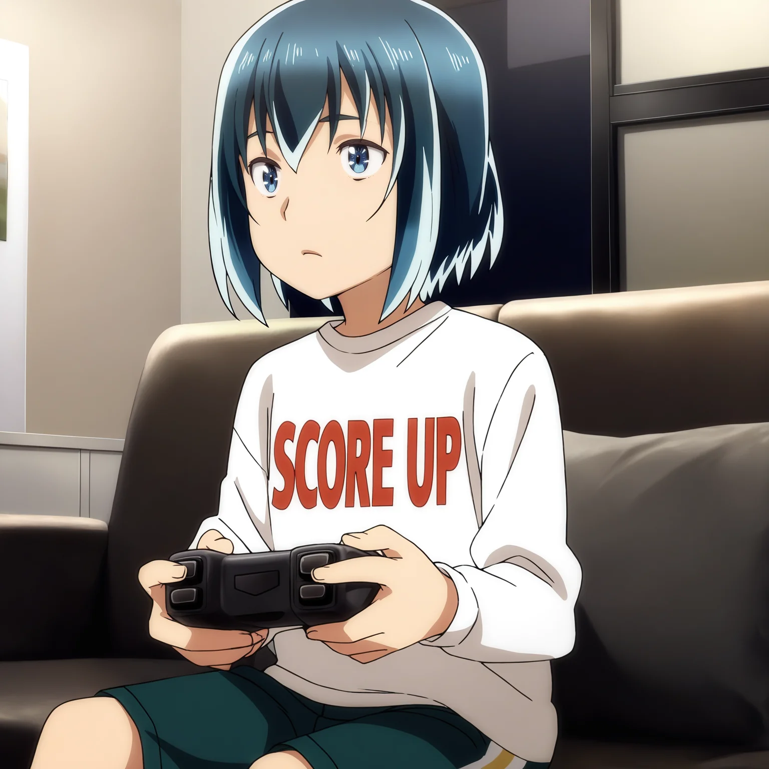 sharp focus, pixiv masterpiece, score_9, score_8_up,  source_anime, score_7_up, best quality, high res, absurd res, BREAK
 <lora:Hina_hinamatsuri_illustrious_v32:1>, hina_matsuri_il, (1girl, solo:1.8), white_shirt, text_on_shirt, dark_green_shorts, blue_hair, blue_eyes, cowboy shot, living room, couch, sitting, holding_game_controller