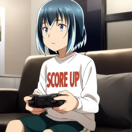 sharp focus, pixiv masterpiece, score_9, score_8_up, source_anime, score_7_up, best quality, high res, absurd res, BREAK
<lora:Hina_hinamatsuri_illustrious_v32:1>, hina_matsuri_il, (1girl, solo:1.8), white_shirt, text_on_shirt, dark_green_shorts, blue_hair, blue_eyes, cowboy shot, living room, couch, sitting, holding_game_controller