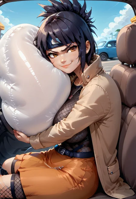 score_9, score_8_up, score_7_up, score_6_up, source_anime, 1girl, solo, <lora:anko-pdxl-nvwls-v1-000006:1> mitanko, folded ponytail, black hair, forehead protector, necklace, mesh bodysuit, belt, orange skirt, coat, huge breasts, blue sky, toeless footwear, smug, sitting, car interior, airbag, airbagcrash, inflated airbag, hugging airbag, pressing breasts