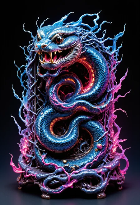 biomechanical style A hyper-realistic and intense scene of a snake appearing to emerge from a glowing digital screen, creating a 3D effect as if it is breaking into the viewer's space. The snake's head and part of its body are reaching out of the screen, its fangs exposed in an aggressive posture. The screen appears cracked and distorted at the edges where the snake is breaking through, with glowing fragments and electrical sparks adding to the dramatic effect. The background is dark, amplifying the sense of depth and realism.. cer1micsn1ke  <lora:FLUX_cer1micsn1ke_LoRA:1> <lora:aidmaFLUXpro1.1:0.32> aidmaabdhr <lora:aidmaAbadonedHorror:0.66> <lora:Mushroom_Portrait_Flux_v1:0.50> <lora:FLUX_Bizarredreams:1> <lora:FLUX_QVL_LoRA:1> . blend of organic and mechanical elements, futuristic, cybernetic, detailed, intricate