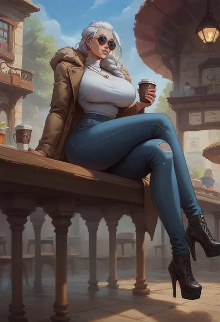 (score_9, score_8_up, score_7_up), fantasy, 1girl, solo, thick Woman, Mature Woman, Jaina Proudmoore, White Hair, Long Hair, really messy Hair, wavy hair, thick body, purple eyes, fair skin, Huge breasts, thick ass, big round bubble butt, thick thighs, skindentation, big pleading eyes, parted lips, pursed lips, seductive Smile, raised eyebrows, high quality, vivid colours, g0thicPXL, lilandavastyle, possmach, dynamic Angle from below, outside, Sunny day, Cafe, sitting on a round Cafe table, legs crossed, big round sunglasses, Brown Trenchcoat, turtleneck sweater underneath Trenchcoat, skinny Jeans, winter Heels, Holding a Coffee in one Hand, one Hand one Knee,