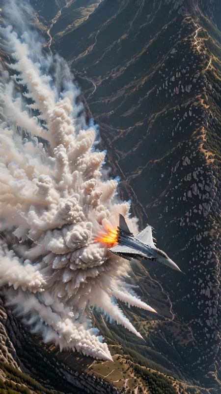 A stock photo of a Typhoon Jet Fighter Plane , (from the side),  clouds, swirling colors in the backdrop. Ultra detailed, side angle. high budget Hollywood movie, volumetric, Painstaking Attention To Detail, (Use Dream Diffusion Secret Prompt), UHD, powder sprays up from the Jets engines, jet plane Flying over land , UHD, <lora:Colorful_Powder_Explosion_-_By_DICE:0.9>, Colorful Powder Explosion, <lora:Jet_Fighters:1>