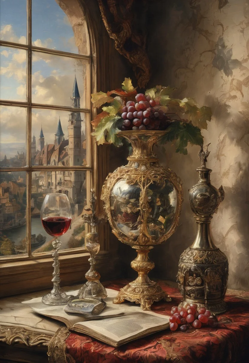 A still life in the style of 17th-century Dutch masters: Venetian mask with gilt edges and velvet texture, antique brass hourglass, crystal goblet filled with red wine, grapes with dewdrops. Dramatic Rembrandt-style lighting from a side window casting deep shadows. Through the window: a fantasy landscape — medieval castle with floating bridges and stained-glass towers, Baroque clouds (voluminous, illuminated by golden light), and a majestic dragon with iridescent scales soaring across the sky. Details: dust motes in light beams, cracked plaster walls, dragon's reflection in the goblet. Technique: oil painting with glazing layers, chiaroscuro contrast, hyperrealistic textures of aged wood and polished crystal.