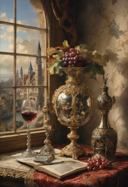 A still life in the style of 17th-century Dutch masters: Venetian mask with gilt edges and velvet texture, antique brass hourglass, crystal goblet filled with red wine, grapes with dewdrops. Dramatic Rembrandt-style lighting from a side window casting deep shadows. Through the window: a fantasy landscape — medieval castle with floating bridges and stained-glass towers, Baroque clouds (voluminous, illuminated by golden light), and a majestic dragon with iridescent scales soaring across the sky. Details: dust motes in light beams, cracked plaster walls, dragon's reflection in the goblet. Technique: oil painting with glazing layers, chiaroscuro contrast, hyperrealistic textures of aged wood and polished crystal.