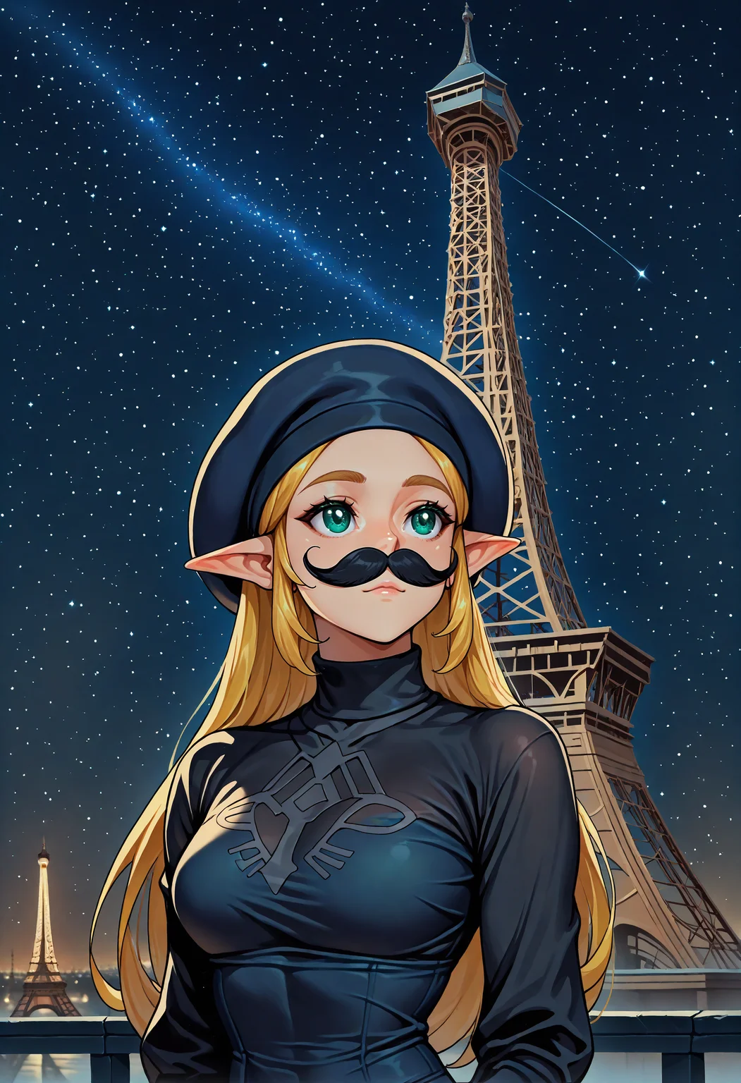 masterpiece, best quality, 1girl, big fake mustache, french beret, lit eiffel tower, black long sleeve shirt, night, starry sky, turtleneck, princess zelda,