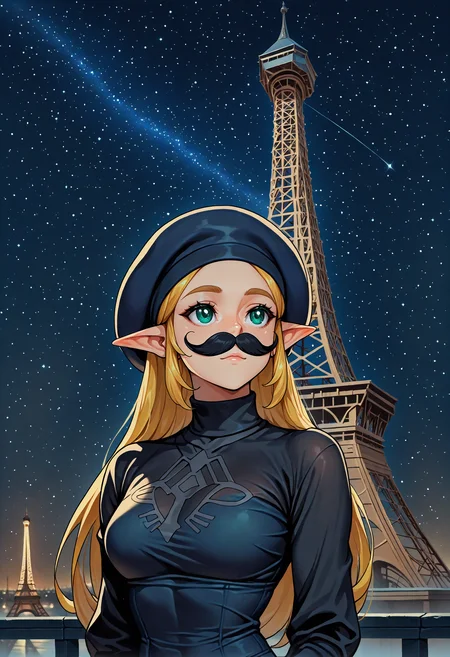 masterpiece, best quality, 1girl, big fake mustache, french beret, lit eiffel tower, black long sleeve shirt, night, starry sky, turtleneck, princess zelda,
