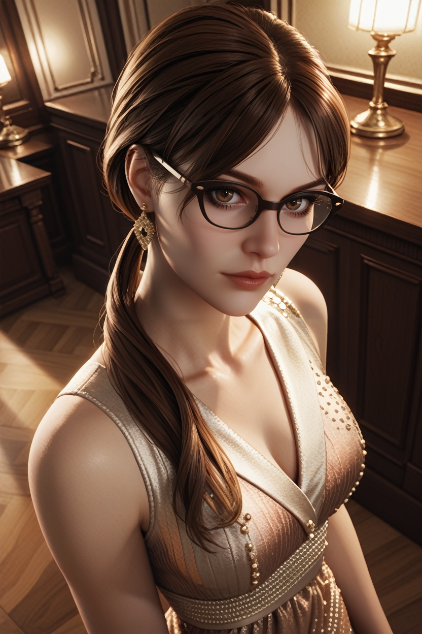 score_9, score_8_up, score_7_up,
<lora:TEWTatiana:0.8>
TEWTatiana, 1girl, brown hair, long hair, ponytail, bangs, brown eyes, glasses, looking at viewer, Dutch angle, beaded dress, earrings, elegant, makeup, fancy party room, indoor, golden details, dramatic light, high angle view
