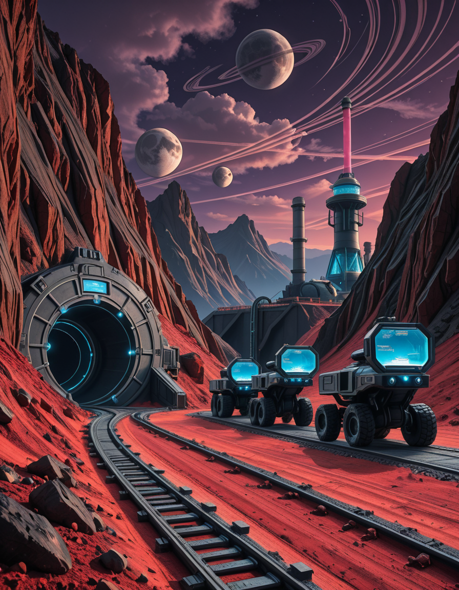 A futuristic mining outpost on a distant, rocky planet with a harsh, alien landscape. The mine entrance is a massive, reinforced metal tunnel carved into the side of a jagged, dark-red mountain. Advanced, glowing blue energy lights line the entrance, illuminating the metallic tracks that lead deep underground. Large, heavily-armored mining vehicles with mechanical arms and drills are stationed nearby, extracting rare minerals from the rock. The ground is covered in fine, reddish dust, kicked up by the movement of autonomous robotic drones that transport ore to a towering industrial refinery in the background. The sky is a deep, dark purple with swirling clouds and two distant moons casting a cold, eerie glow. In the distance, futuristic habitation domes with transparent walls house workers in protective exosuits, their silhouettes visible inside. A neon-lit control tower monitors operations, its holographic screens displaying real-time data. The atmosphere is both desolate and technologically advanced, evoking a sense of exploration and survival on the edge of the galaxy.
<lora:SDXLFaeTastic2400:0.4> <lora:extremely_detailed:0.4> extremely detailed,futuristic mining 0utp0st, <lora:futuristic_mining_0utp0st-i:1>, Masterpiece,best quality,hi res,8k,hi res,8k,award winning,(sharp focus, intricate, highly detailed),