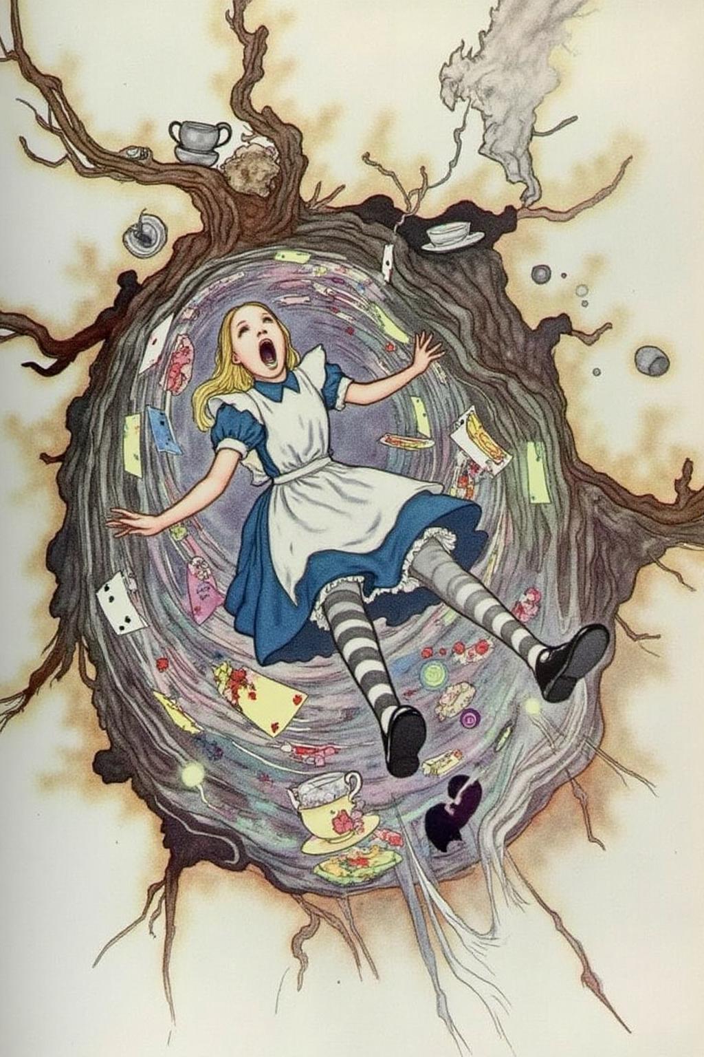 charob1 illustration.
Overhead view of Alice in Wonderland falling into the rabbit hole, with her legs dangling beneath her. She is looking upward, her face filled with shock and terror as she screams. Her blue dress and white apron billow out around her as she tumbles, while her striped stockings and black shoes are visible below. The rabbit hole is a swirling, chaotic mix of vibrant colors, playing cards, teacups, and other Wonderland objects floating around her. Soft glowing light emanates from the tunnel walls, adding an eerie, fantastical feel to the scene. The sense of motion and fear is palpable as Alice falls deeper into the unknown. The background is stark white.
  <lora:charob1_cap_d6a3e11:1.0><lora:824700533626574361:0>