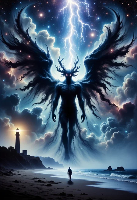 rising of the ocean on a dark night a giant human body walking towards the sailor with kraken head with a lot of kraken giant tentacles coming out of your head, extra large dark wings, cthulhu, shadow. a diagonal flash of a lightning bolt tearing the scene, a sailor figure, almost tiny in size is standing still on the edge of the beach looking at the ocean. in the left corner of the scene is a lighthouse with a yellow light focused on the ocean reflecting in the water on an island in the ocean. on the sky a arm of he vialact, In the night sky a galaxy full of stars, dark atmosphere. terror and horror feeling.