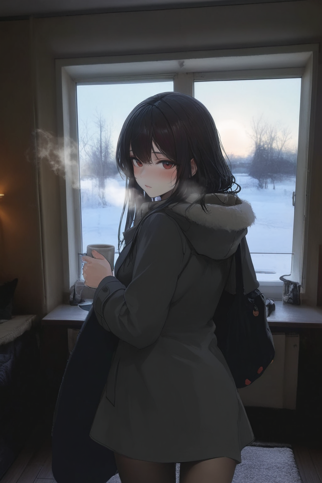 1girl, winter, steam, looking back, looking at viewer, blush, photo background, realistic background, masterpiece, best quality, good quality, newest, very aesthetic, absurdres