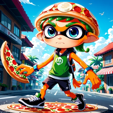 <lora:Pizza_World_Morph_SDXL:1> <lora:add-detail-xl:0.4> <lora:MidjourneyV6.1:.4> <lora:xl_more_art-full_v1:0.4> pizzasdx Inkling ^splatoon, 1boy, mask, <lora:SplatoonInkling_v030:.55>, (anime, masterpiece, intricate:1.3), (best quality, hires textures, high detail:1.2), (4k),(incredibly detailed:1.4),UHD, 8K, ultra detailedâââ