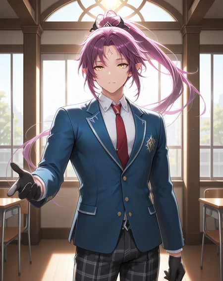 masterpiece,best quality,amazing quality, newest, very aesthetic, absurdres,
1boy, solo, yaoi, male focus, looking at viewer, cowboy shot,
<lora:Veigas_FSI_ilxl:1> veigasfsi, black gloves, forehead mark, pointy ears, purple hair, high ponytail,yellow eyes, floating hair,
school uniform, white shirt, collared shirt, blue jacket, red necktie, black pants, plaid pants,
indoors, school, hallway, window, day, sun,