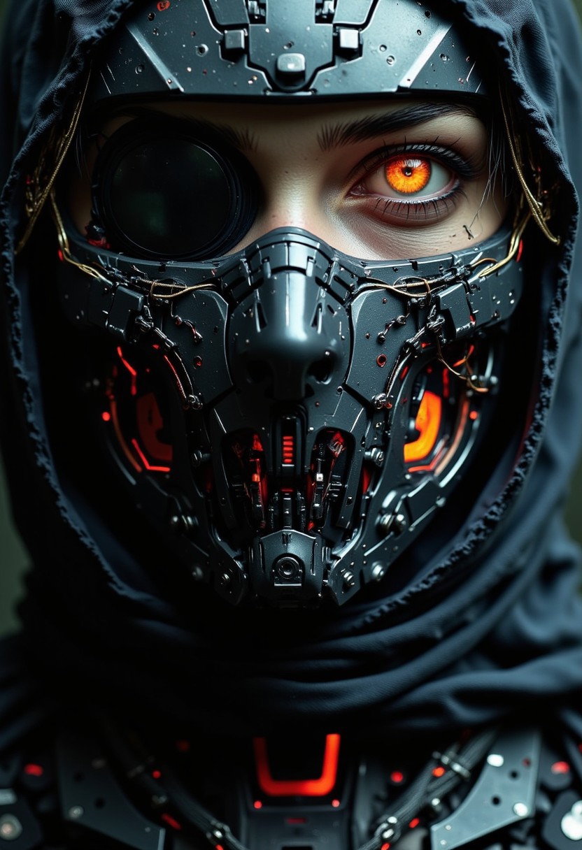 cpstyle, dystujo, The close-up reveals the terrifying face of a cyborg ninja, an intricate fusion of organic beauty and cold, mechanical perfection. Her face is framed by a sleek, polished helmet that partially covers her features, leaving only the lower half exposed. The exposed skin on her face is pale, almost ghostly, a stark contrast to the sophisticated mechanical enhancements that have replaced much of her body. Her left cheek and jawline are adorned with sharp, angular plates, seamlessly molded to her skin, their surface gleaming with a dark metallic sheen. Intricate circuit patterns snake down her neck, glowing faintly with pulses of electric energy that flicker like veins of lightning beneath the surface. The right side of her face is a chilling display of cybernetic mastery, where human flesh gives way to gleaming, polished steel and chrome. Her eye is encased in a dark, reflective visor, surrounded by a framework of sleek, geometric metal. The visor occasionally flickers with a vibrant neon orange-red glow, a direct connection to her augmented senses. The edges of the metal frame are adorned with fine micro-gears and minute, complex mechanisms that hum with energy, a silent reminder of the technological power running through her body.