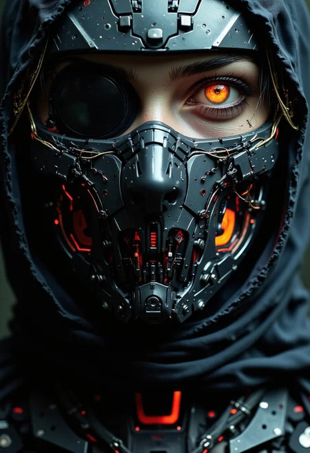 cpstyle, dystujo, The close-up reveals the terrifying face of a cyborg ninja, an intricate fusion of organic beauty and cold, mechanical perfection. Her face is framed by a sleek, polished helmet that partially covers her features, leaving only the lower half exposed. The exposed skin on her face is pale, almost ghostly, a stark contrast to the sophisticated mechanical enhancements that have replaced much of her body. Her left cheek and jawline are adorned with sharp, angular plates, seamlessly molded to her skin, their surface gleaming with a dark metallic sheen. Intricate circuit patterns snake down her neck, glowing faintly with pulses of electric energy that flicker like veins of lightning beneath the surface. The right side of her face is a chilling display of cybernetic mastery, where human flesh gives way to gleaming, polished steel and chrome. Her eye is encased in a dark, reflective visor, surrounded by a framework of sleek, geometric metal. The visor occasionally flickers with a vibrant neon orange-red glow, a direct connection to her augmented senses. The edges of the metal frame are adorned with fine micro-gears and minute, complex mechanisms that hum with energy, a silent reminder of the technological power running through her body.