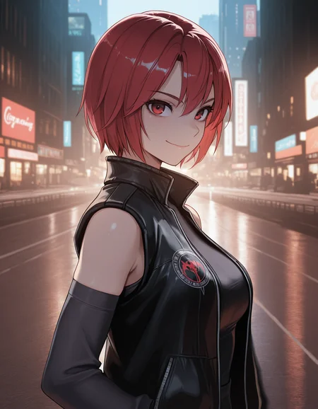 <lora:regina-dino-crisis-illustrious-000008:1> solo, regina, streetwear, black jacket, detached sleeves,
walking, from side, cityscape, motion blur, looking at viewer, smile, closed mouth, cinematic lighting, upper body, dramatic, masterpiece,best quality,amazing quality