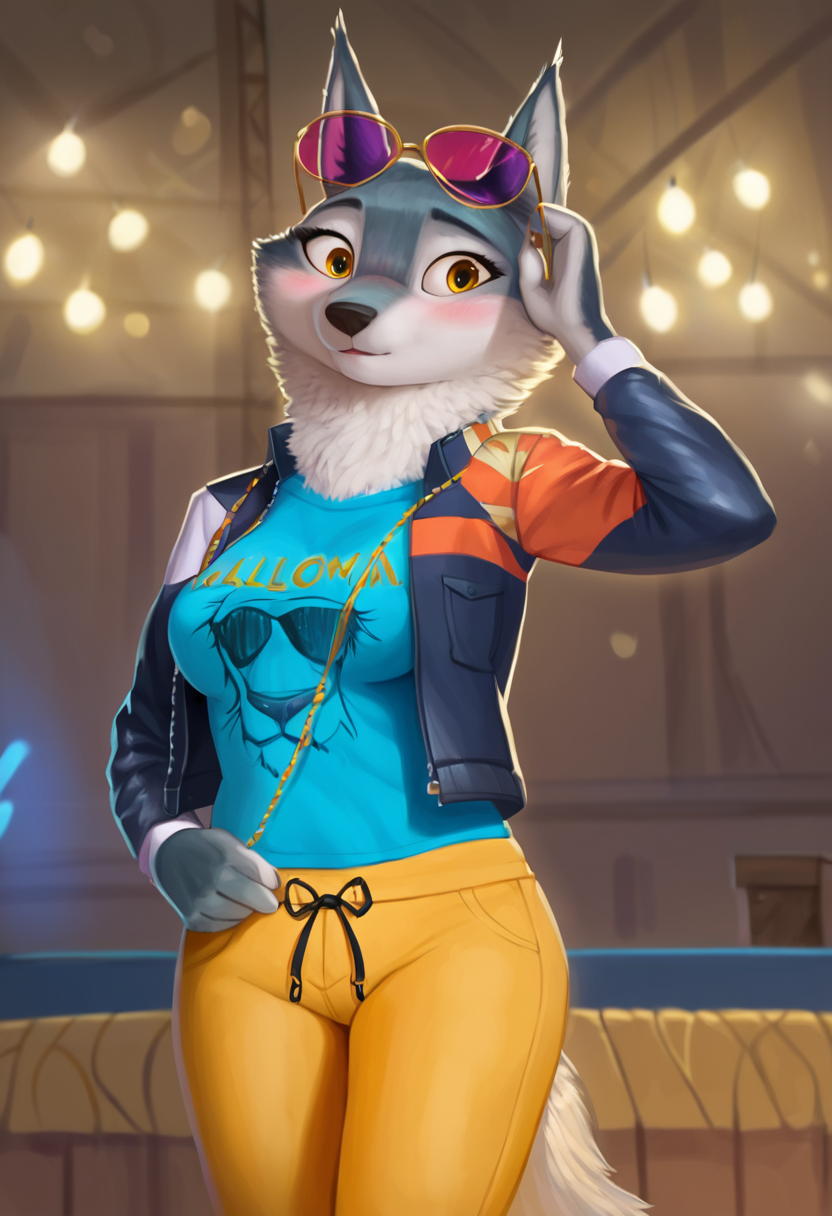 zPDXL, score_9,score_8_up,score_7_up,_up, best quality, amazing quality, masterpiece, 1girl, looking at viewer, solo, fullbody, cute, blush, tight cloth, blush, close, upper body, porsha, yellow eyes, white-blue fur, wolf girl, wolf ears, wolf tail, blue t-shirt, lion head print calloway t-shirt, jacket, yellow pants, sneakers, sunglasses, eyewear on head, purple eyewear, <lora:PorshaUPDATED:0.8> indoors, stage, party lights, contour_deepening, depth of field, huge filesize,large breasts, blurry background, photonoko,  <lora:Photonoko:1>