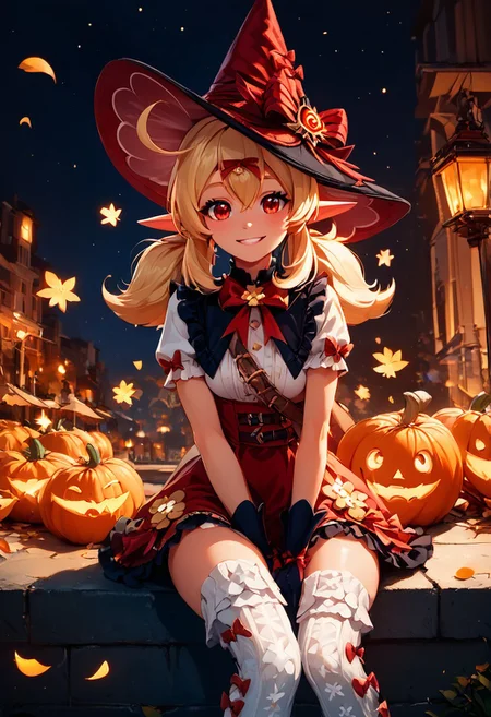 score_9, score_8_up, score_8, medium breasts, (curvy), cute, eyelashes,
,,,
zzKlee, hair between eyes, red eyes, ahoge, blonde hair, long hair, low twintails, pointy ears, twintails, witch hat, bow, gloves, short sleeves, black gloves, alternate costume, sidelocks, hat bow,
,,,
BREAK, zzEiffelTower in background, sitting, watercraft, boat, sitting on wall, side view, looking at viewer, smile,
,,,
BREAK,
night, glowing, pumpkins, blooming stars, luminescent petals, otherworldly fragrance blurry background,
,,,
zPDXL, Expressiveh,