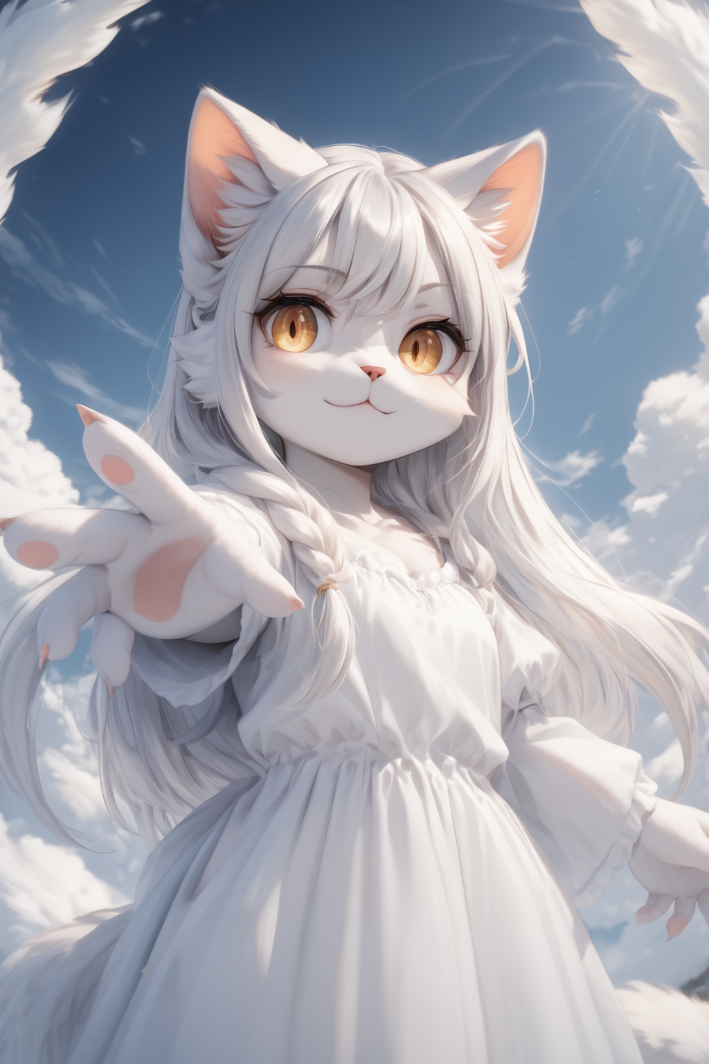 score_9, score_8_up, score_7_up, source_4k, rating_safe,  <lora:arctic cat girl_LORA:0.9>  cat , 1girl, warm colors, pleasant and friendly, facing forward, reaching towards viewer, hand focus, wide angle, voluptuous:1.1