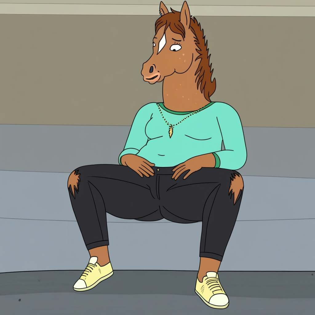 Hollyhock, equine, horse, horse girl, Anthro, brown fur, pose, spread legs, pants,