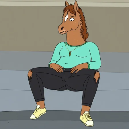 Hollyhock, equine, horse, horse girl, Anthro, brown fur, pose, spread legs, pants,