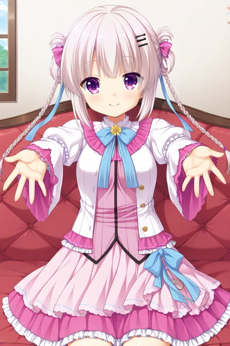 masterpiece,best quality,amazing quality,highres,scenery,newest,1girl,official style,caminalle,purple eyes,long hair,bangs,caminalle princess,braid,hair ornament,hairclip,skirt,twin braids,ribbon,bow,hair ribbon,long sleeves,hair rings,pink skirt,frilled skirt,hair bow,frills,<lora:GoldenLoveriche-caminalle-V1:1>,bedroom,sofa,looking at viewer,smile,outstretched arms,sitting,