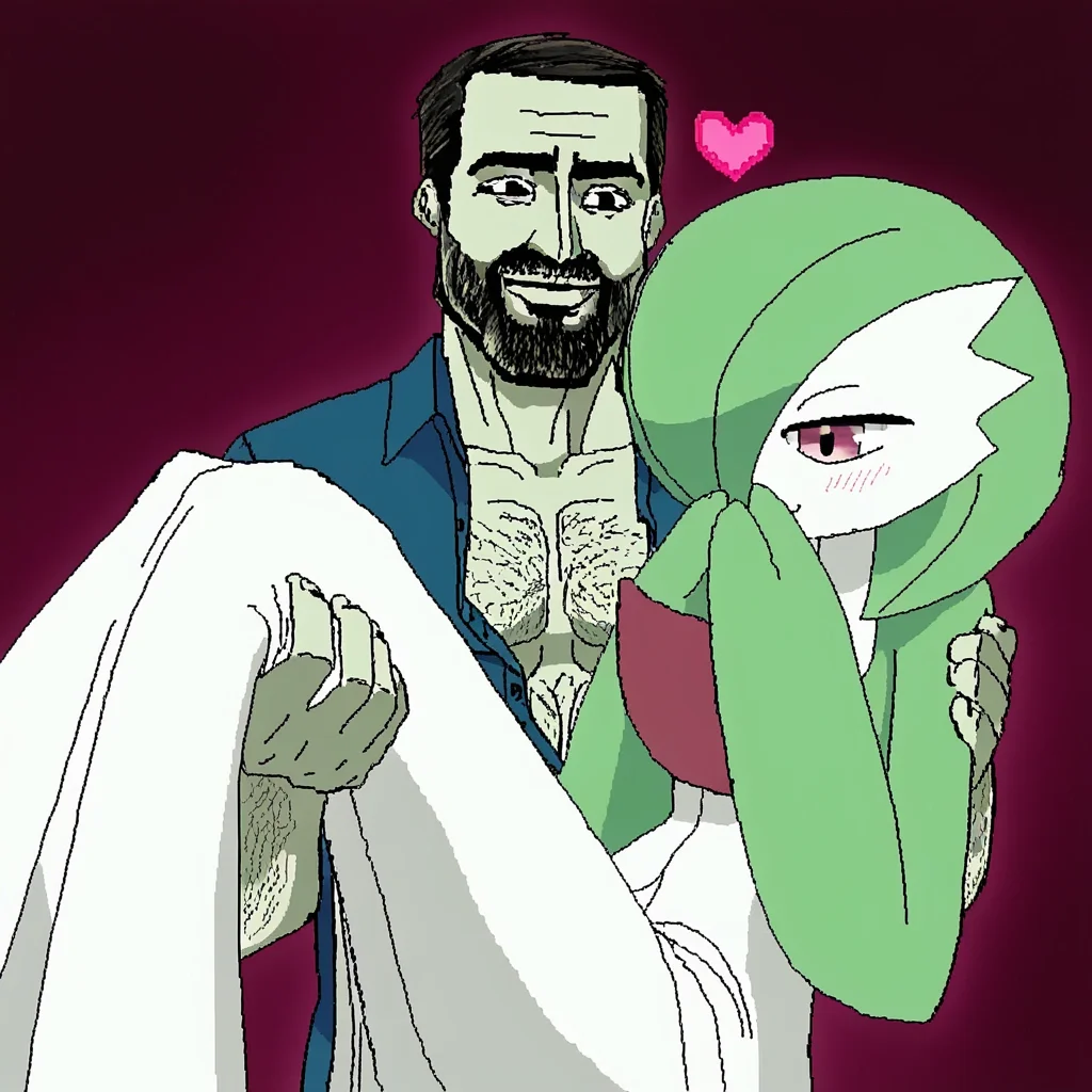 oekaki, gigachad \(meme\), (the chad smile:1.1), smile, beard stubble, princess carry, gardevoir, hand to own mouth, collared shirt, jaggy lines, partially unbuttoned, (pectorals:0.9), heart,<lora:chadmix_vpred05_extract.safetensors:1.0>,