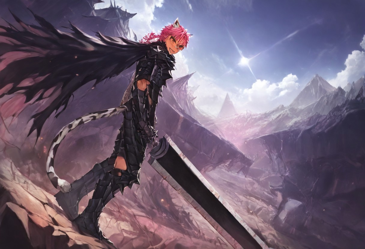 masterpiece, very aesthetic, anime screenshot, 1girl, Pink_PonyXL, DragonSlayerSword-Il.V1.0, black armor, shoulder armor, gauntlets, greaves, bandaged arm, black cape, torn cape, bright pink hair, cat ears, scar on nose, cat bell around neck, tanned, white tiger tail, small breasts, femine body, smiling, making a cute cat face, single fanged tooth showing, standing, looking at viewer, side view, wielding-dragonslayer, huge weapon, sword, holding sword, holding weapon, full body, zoomed in on pink_ponyxl, Dutch angle, cowboy shot 
Break
City of hyrule, bright and sunny, happy adoring crowd,