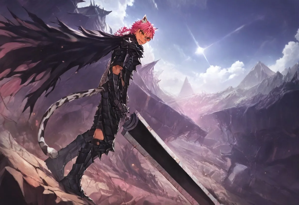 masterpiece, very aesthetic, anime screenshot, 1girl, Pink_PonyXL, DragonSlayerSword-Il.V1.0, black armor, shoulder armor, gauntlets, greaves, bandaged arm, black cape, torn cape, bright pink hair, cat ears, scar on nose, cat bell around neck, tanned, white tiger tail, small breasts, femine body, smiling, making a cute cat face, single fanged tooth showing, standing, looking at viewer, side view, wielding-dragonslayer, huge weapon, sword, holding sword, holding weapon, full body, zoomed in on pink_ponyxl, Dutch angle, cowboy shot
Break
City of hyrule, bright and sunny, happy adoring crowd,