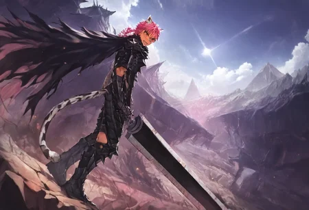 masterpiece, very aesthetic, anime screenshot, 1girl, Pink_PonyXL, DragonSlayerSword-Il.V1.0, black armor, shoulder armor, gauntlets, greaves, bandaged arm, black cape, torn cape, bright pink hair, cat ears, scar on nose, cat bell around neck, tanned, white tiger tail, small breasts, femine body, smiling, making a cute cat face, single fanged tooth showing, standing, looking at viewer, side view, wielding-dragonslayer, huge weapon, sword, holding sword, holding weapon, full body, zoomed in on pink_ponyxl, Dutch angle, cowboy shot
Break
City of hyrule, bright and sunny, happy adoring crowd,