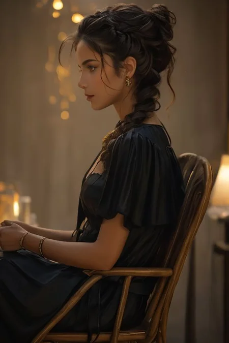 bellissima, 1girl, In the shadowy stillness of a dimly lit room, sits on a worn leather chair. A single lamp, with its golden hue, casts a slender beam of light across her profile, revealing a delicate balance of light and shadow. The soft glow catches the edge of her jawline, tracing a graceful curve toward her ear. Her hair, dark and cascading, absorbs much of the light, except for a few strands that shimmer like threads of copper.
