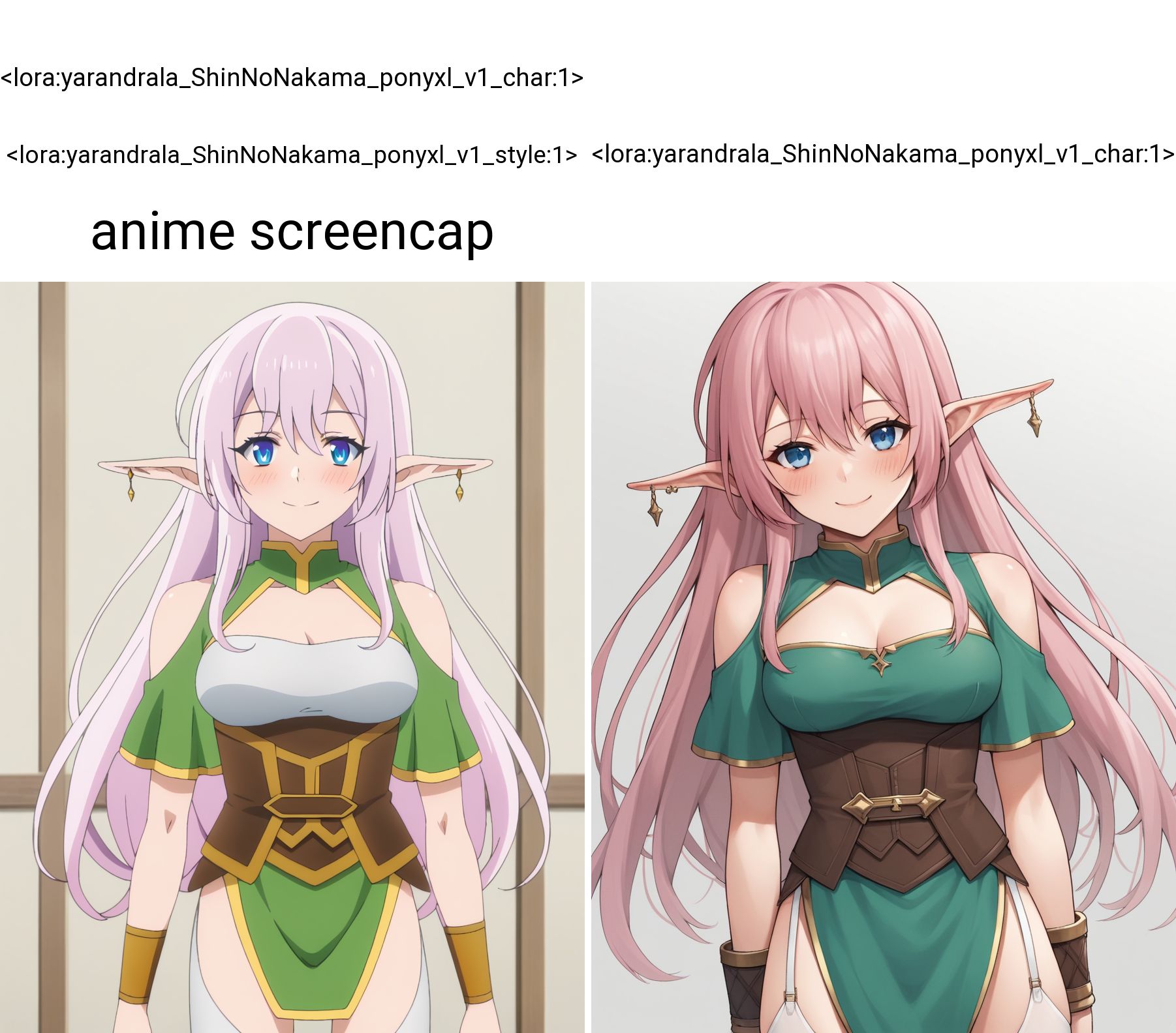 <lora:yarandrala_ShinNoNakama_ponyxl_v1_char:1> <lora:yarandrala_ShinNoNakama_ponyxl_v1_style:1> anime screencap, score_9
BREAK
yarandrala_olis, 1girl, solo, pink hair, long hair, blue eyes, long pointy ears, earrings, green dress, clothing cutout, brown corset, pelvic curtain, bracer, garter straps, white thighhighs, thigh strap, looking at viewer, smile, blush