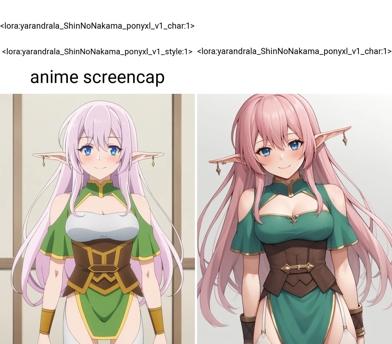 <lora:yarandrala_ShinNoNakama_ponyxl_v1_char:1> <lora:yarandrala_ShinNoNakama_ponyxl_v1_style:1> anime screencap, score_9
BREAK
yarandrala_olis, 1girl, solo, pink hair, long hair, blue eyes, long pointy ears, earrings, green dress, clothing cutout, brown corset, pelvic curtain, bracer, garter straps, white thighhighs, thigh strap, looking at viewer, smile, blush