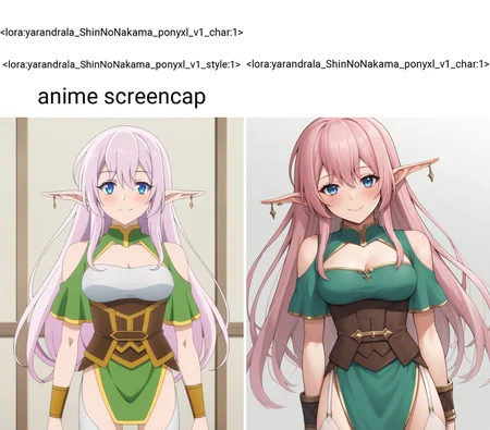 <lora:yarandrala_ShinNoNakama_ponyxl_v1_char:1> <lora:yarandrala_ShinNoNakama_ponyxl_v1_style:1> anime screencap, score_9
BREAK
yarandrala_olis, 1girl, solo, pink hair, long hair, blue eyes, long pointy ears, earrings, green dress, clothing cutout, brown corset, pelvic curtain, bracer, garter straps, white thighhighs, thigh strap, looking at viewer, smile, blush