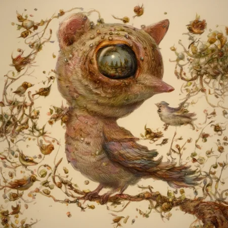 <lora:SDXL_Style_by_Naoto_Hattori_Sa_May_V4:1> Style by Naoto Hattori a cat bird at the forest