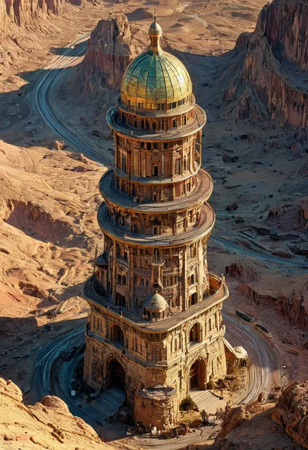 highly detailed . extremely high-resolution details, photographic, Illustration by moebius, a tower in a desert, intricate details, natural lighting, volumetric lighting maximalist. intricately detailed, complex, elegant, expansive, fantastical, film photography style,  medium grain, FRESHIDESH Moebius comic book