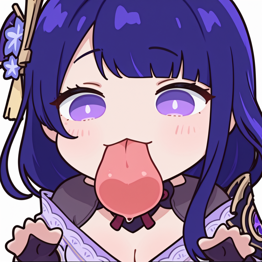 (masterpiece, high quality, amazing detail), highres, 1girl, raiden shogun, solo, blush_sticker, licking screen, 1girl, solo, long hair, looking at viewer, simple background, white background, tongue, tongue out, chibi, :3, <lora:Chibi_licking_your_screen-10:1>