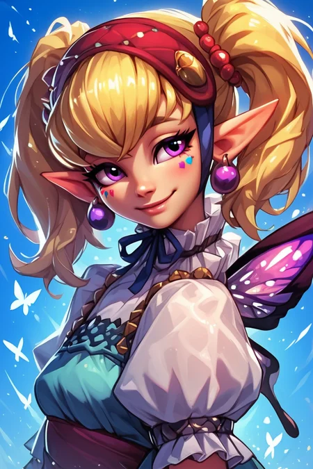 score_9, score_8_up, score_8, medium breasts, (curvy), cute, eyelashes, BREAK, , <lora:Agitha_Zelda_PDXL:0.8>, zzAgitha, purple eyes, blonde hair, twintails, pointy ears, jewelry, earrings, gloves, dress, butterfly wings, , BREAK, embedding:zPDXL, Expressiveh, <lora:EnergyCAT:1.0>, solo, smile, looking at viewer, upper body, aura, blue sky, <lora:SDXLFaeTastic2400:0.5>, <lora:Expressive_H-000001:0.4>,