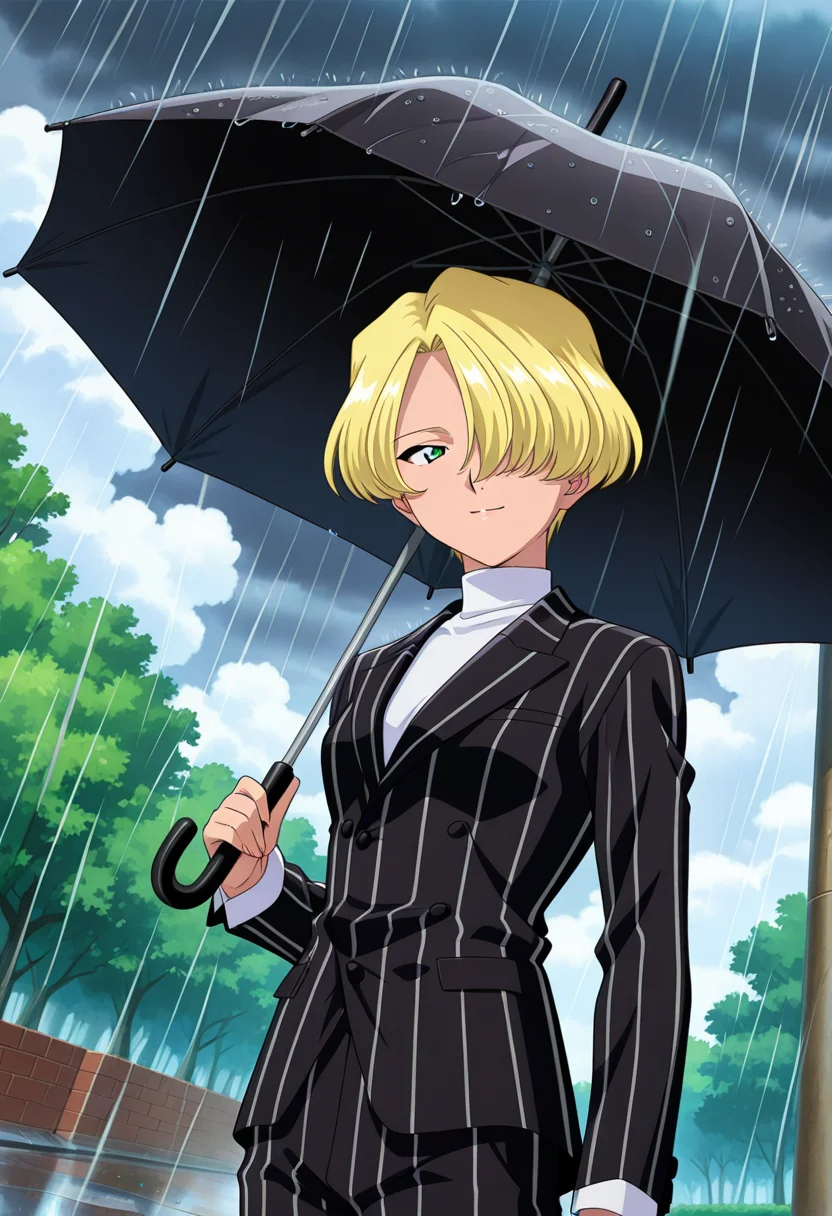 light smile, looking sideways, holding umbrella, black umbrella, rain, mist, dark clouds,
cowboy shot, dynamic angle,
BREAK,
<lora:tachibanamaria_illustriousXL_v01:0.9>
mariadef, blonde hair, hair over eye, short hair,
suit, turtleneck, white turtle neck, stripped suit, black suit, pinstripe suit,, source_anime, very aesthetic, anime coloring, masterpiece,
best quality, amazing quality, ultra detailed, very aesthetic,
detailed background,
BREAK,, street, trees, clouds, day,