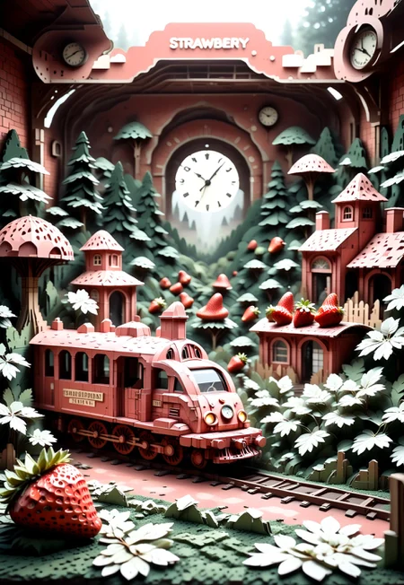 lazypos, CardboardStyle, low-poli, voxels, voronoi, whimsical, the Strawberry Station is a countryside train station nestled inside a colossal strawberry, complete with ivy-covered brickwork and a tiny clock tower stem. A vintage red train with strawberry decals pulls in. Symmetrical framing, soft morning fog, warm lighting, whimsical yet grounded style.
Style tags: SDXL cinematic, nostalgic realism, storybook scene, strawberry world, Wescore, strawberry fairy glen, made of strawberries, enchanted