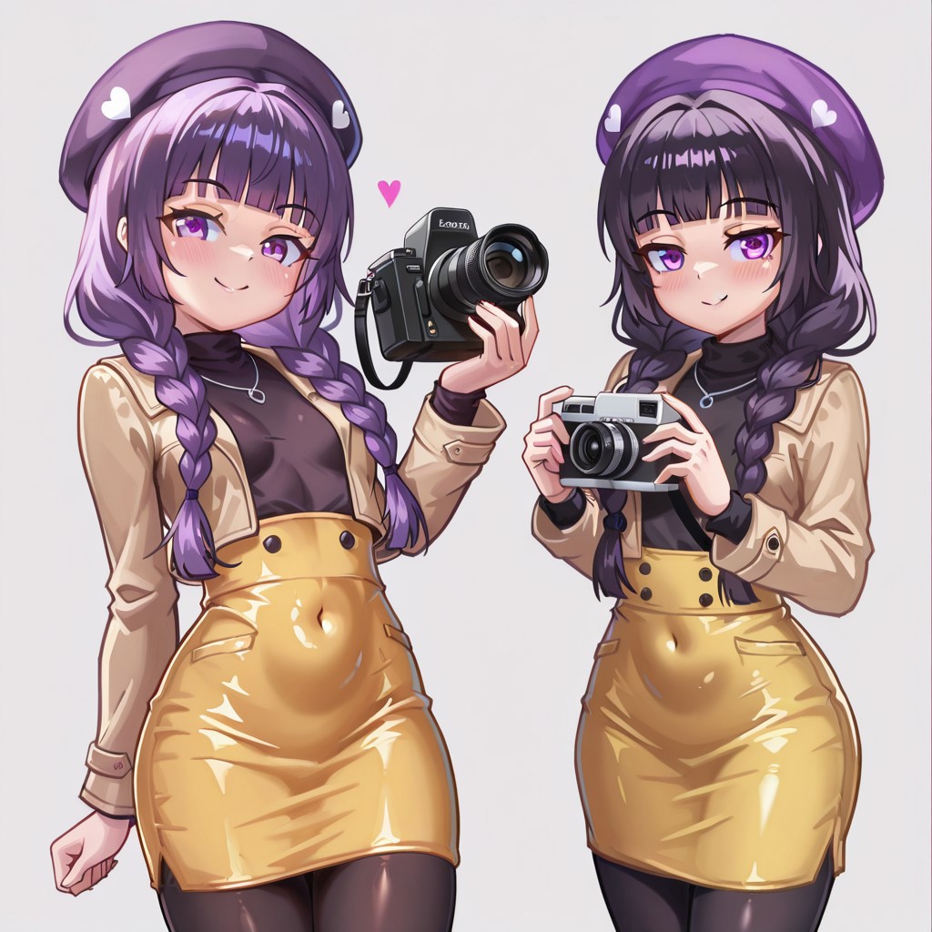 lazypos, girl focus, 1girl, pantyhose, purple eyes, skirt, blush, braid, covered navel, long hair, smile, yellow skirt, breasts, twin braids, hat, video camera, coat, looking at viewer, purple hair, small breasts, heart, black hair, simple background, shirt, pencil skirt, blunt bangs, black pantyhose, camera, grey background, freeze-ex, twgristyle